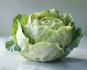 Obraz premium a green cabbage on a white table against a pale grey background. The cabbage is crisp and fresh with water droplets on the leaves.