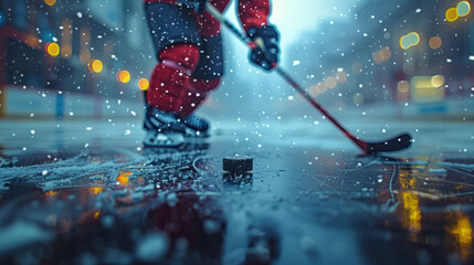 Ice hockey player preparing to strike the puck on an outdoor rink during a snowstorm, highlighting focus and athletic skill in a dramatic scene