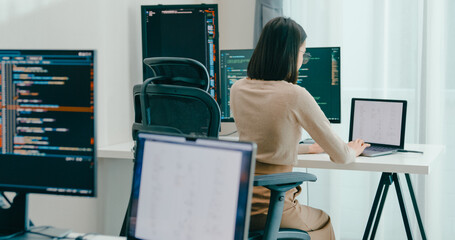 Group Adult Asia male, female freelance typing write prompt AI bot IT app smart program nomad, video game, terminal with coding language, user interface, designer, big data center on desktop computer.