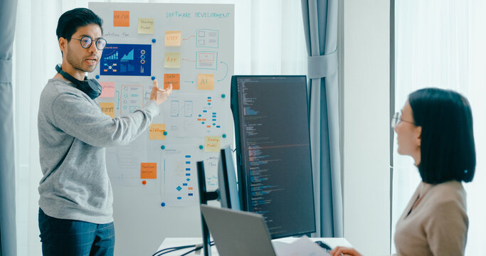 Group adult Asia male female software developers mentor leader manager talk strategy plan to executive write prompt AI bot IT app program nomad, video game, data center. Whiteboard slideshow code.