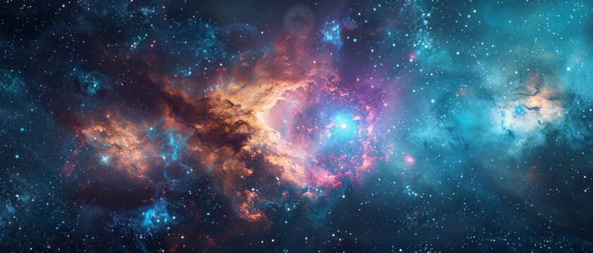A vibrant galaxy with swirling nebulae and distant stars in a vivid blue gradient equirectangular panorama style, creating depth and space between celestial bodies.