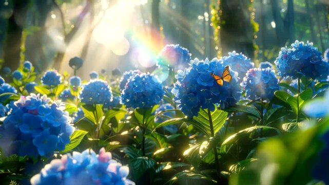 A butterfly perched on blue hydrangeas bathed in warm sunlight, creating a serene woodland scene.