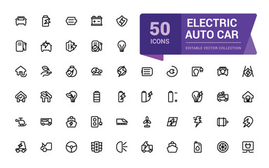 Electric Auto car outline icon. Set of e-car, electric car, vehicle, auto, charge station, parking, battery, eco transport, smart car. editable stroke icon.