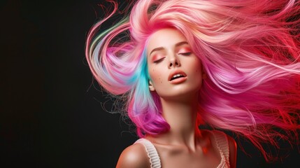 Fototapeta premium Emotion pink bob short hairstyle woman lips makeup on a black background