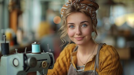 Portrait of smiling seamstress sitting at seam studio and using sewing machine.