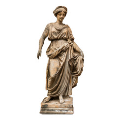 Ancient roman goddess statue wearing a draped toga is holding a piece of her clothing while standing