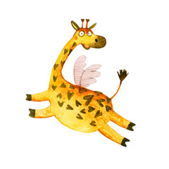 watercolor giraffe with wings on a white background