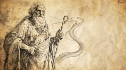 Exodus:Signs for Moses,Biblical Illustration of Moses Holding Staff Transforming into Serpent at God's Command, Signs for Moses, Bible Wall Art with Beige Background