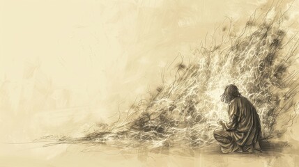 Exodus:The Burning Bush,Biblical Illustration of Burning Bush with Ethereal Glow, Moses Kneeling in Worship, Bible Wall Art with Beige Background
