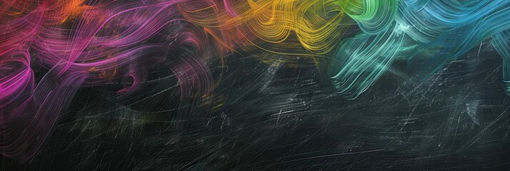A chalkboard displays vibrant spirals and abstract shapes, showcasing creativity during an interactive art activity in a classroom setting. Generative AI