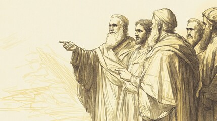 Fototapeta premium Moses Explains Consecration Rituals to Israelites with Aaron and Sons Standing By - Biblical Illustration, Bible Wall Art, Beige Background - Exodus Consecration of the Priests