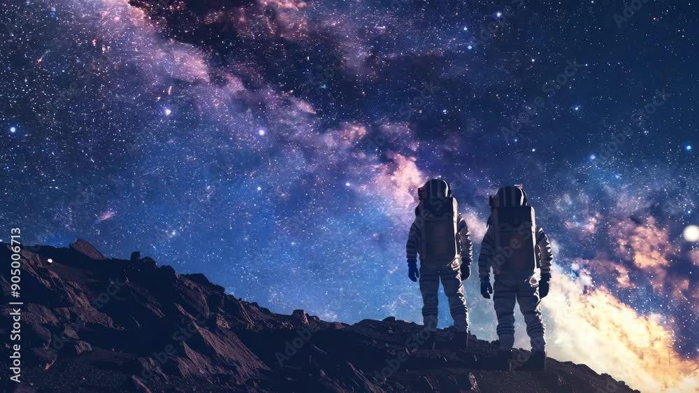 Wall mural astronauts standing on alien planet under starry sky. interstellar exploration. human space travel a