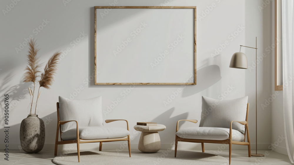 Poster two modern armchairs flanking a small table and a stylish floor lamp are bathing in sunlight in a mo