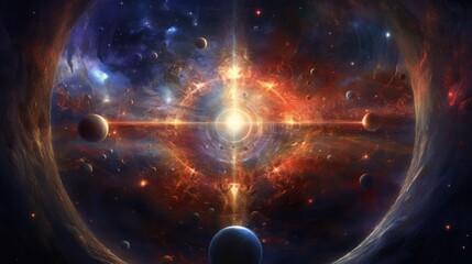 Obraz premium Background of fantasy alien galaxy with orange and blue glowing clouds and stars. Neural network ai generated art