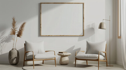 Two modern armchairs flanking a small table and a stylish floor lamp are bathing in sunlight in a modern minimalist living room