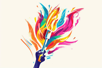 The Olympic torch with colorful flames in a hand against a white background, in a flat illustration style with graffiti art elements.