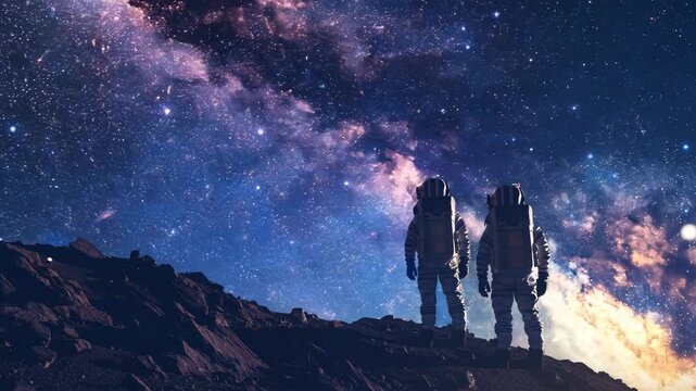 Astronauts standing on alien planet under starry sky. Interstellar exploration. Human space travel and planet colonization concept. Science fiction animation