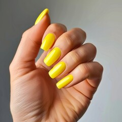 A woman's hand holding a yellow manicure on a gray background