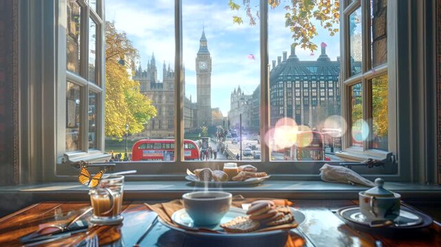 A cozy cafe window view with a cup of coffee, pastries, and the iconic London skyline.