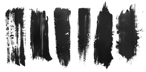 Black ink brush strokes isolated on a transparent background, forming a collection of paint stroke designs.