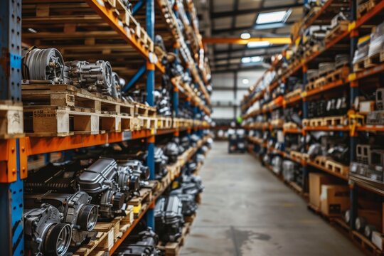 Vast array of car engines and parts displayed in organized warehouse for sale and inspection