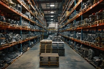 Fototapeta premium Neatly arranged car engines and components in warehouse display for auto parts business