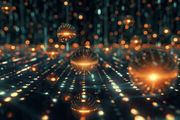 Illuminated orbs hovering in a mysterious dark background, creating a mystical and ethereal atmosphere, Glowing orbs of light floating in a sea of binary code