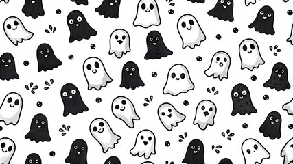Fototapeta premium Seamless pattern of ghosts doodle black on a white background. For textiles, packaging, holiday decoration. Good for prints, wrapping paper, scrapbooking, stationery, packaging, wallpaper,