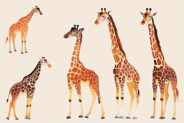 Illustration set of a few cartoon giraffes in various poses on light background