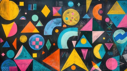 A blackboard displays a variety of colorful geometric shapes and patterns, showcasing creativity and artistic expression in an educational environment. Generative AI