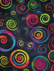 Fototapeta premium A chalkboard is filled with vibrant spirals and abstract shapes, showcasing a playful, artistic expression in a learning environment. Generative AI