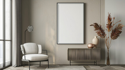 Interior design of a modern living room with an empty frame mockup on a beige wall