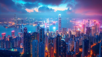 Fototapeta premium A vibrant city skyline at night with colorful illuminated skyscrapers reflecting in the water. Perfect for themes of urban living, nightlife, and modern architecture.