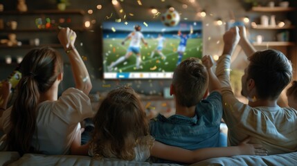 Fototapeta premium Joyful family celebration. parents and kids cheer together at tv screen watching soccer goal