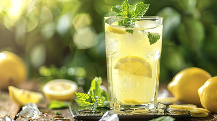 Glass of lemonade with ice and a mint garnish