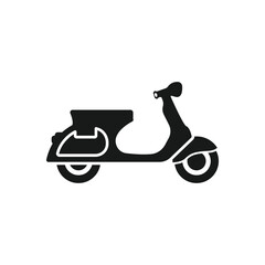 Black retro scooter or motorbike. Flat vector illustration isolated on white. Delivery, transport symbol. Healthy journey. Ecology. Go green. Hipster.Web