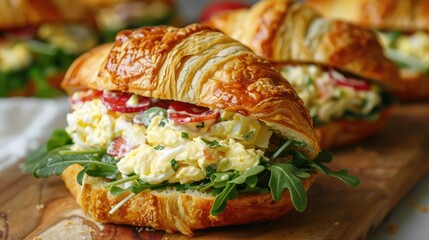 A close-up of a croissant sandwich filled with egg salad. This photo can be used to advertise a delicious and easy lunch option.