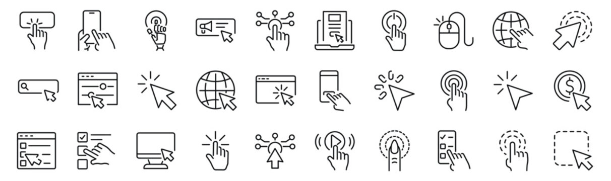 Set of 30 outline icons related to click, cursor. Linear icon collection. Editable stroke. Vector illustration