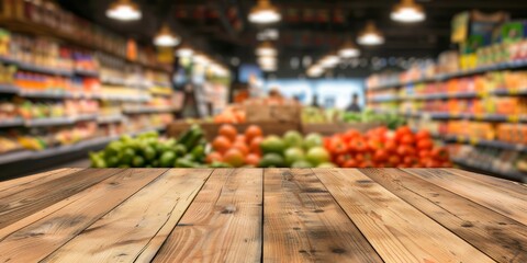 Fototapeta premium The Fresh Produce Aisle featuring a Wooden Surface within a Grocery Store Environment