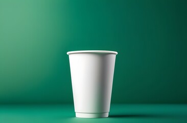 A white paper coffee cup with a lid on a green background. A coffee drink to advertise a coffee shop, restaurant and coffee. Eco glass close-up.