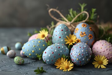 Obraz premium Colorful Easter Eggs with Spring Flowers - Perfect for Holiday Greetings and Seasonal Decor