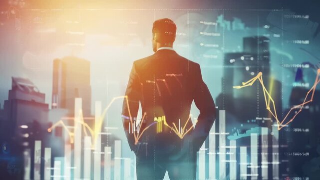 Young businessman standing abstract city background with chart. Market concept. Business man looking financial graph. Modern technology analysis investment growth.