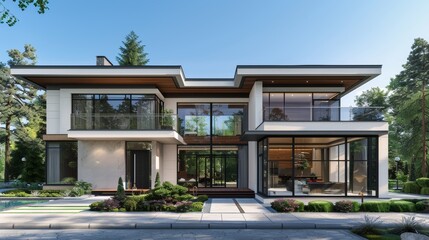 Fototapeta premium A modern, two-story single-family home with a contemporary design