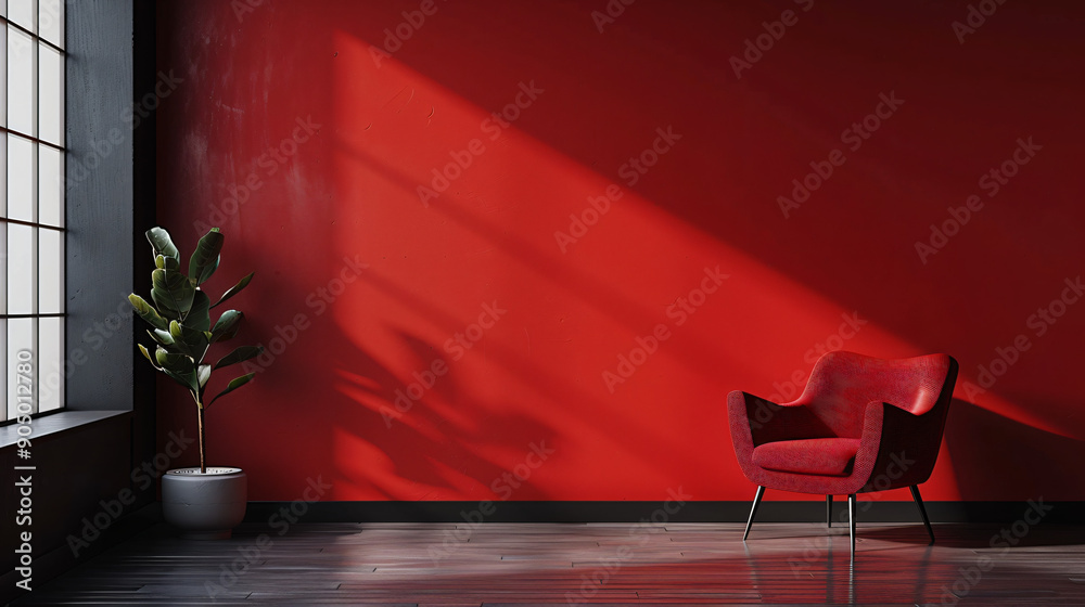 Poster modern interior with a red armchair illuminated by sunlight, creating strong shadows on the red wall