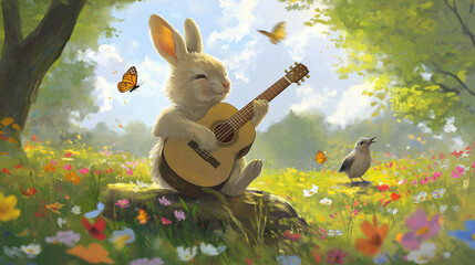 "Melodies in the Meadow: A Rabbit's Joyful Guitar Serenade"