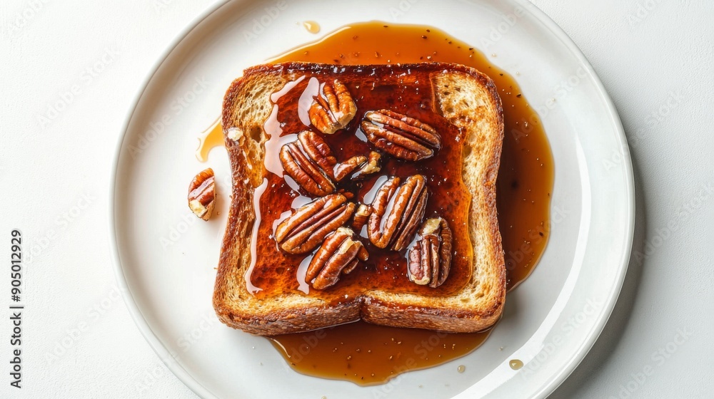 Aufkleber a gourmet plate of honey toast with caramel sauce and pecans, shot from a top-down perspective on a 