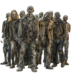 Large group of scary zombies slowly walking forward, isolated on a white background