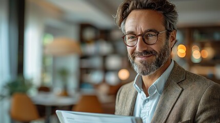Fototapeta premium A confident man in glasses holds a tablet while smiling in a cozy, warmly-lit living room, conveying comfort, connectivity, and a serene home environment.