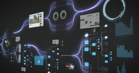 A digital screen interface depicting the initialization of an AI system, with graphical elements representing data input and processing.