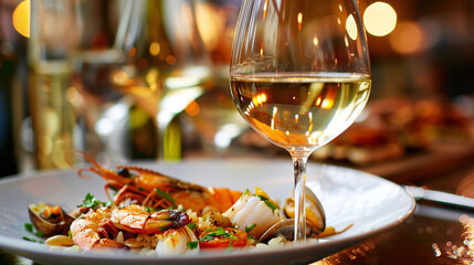 Naklejka premium Glass of white wine with a seafood dish
